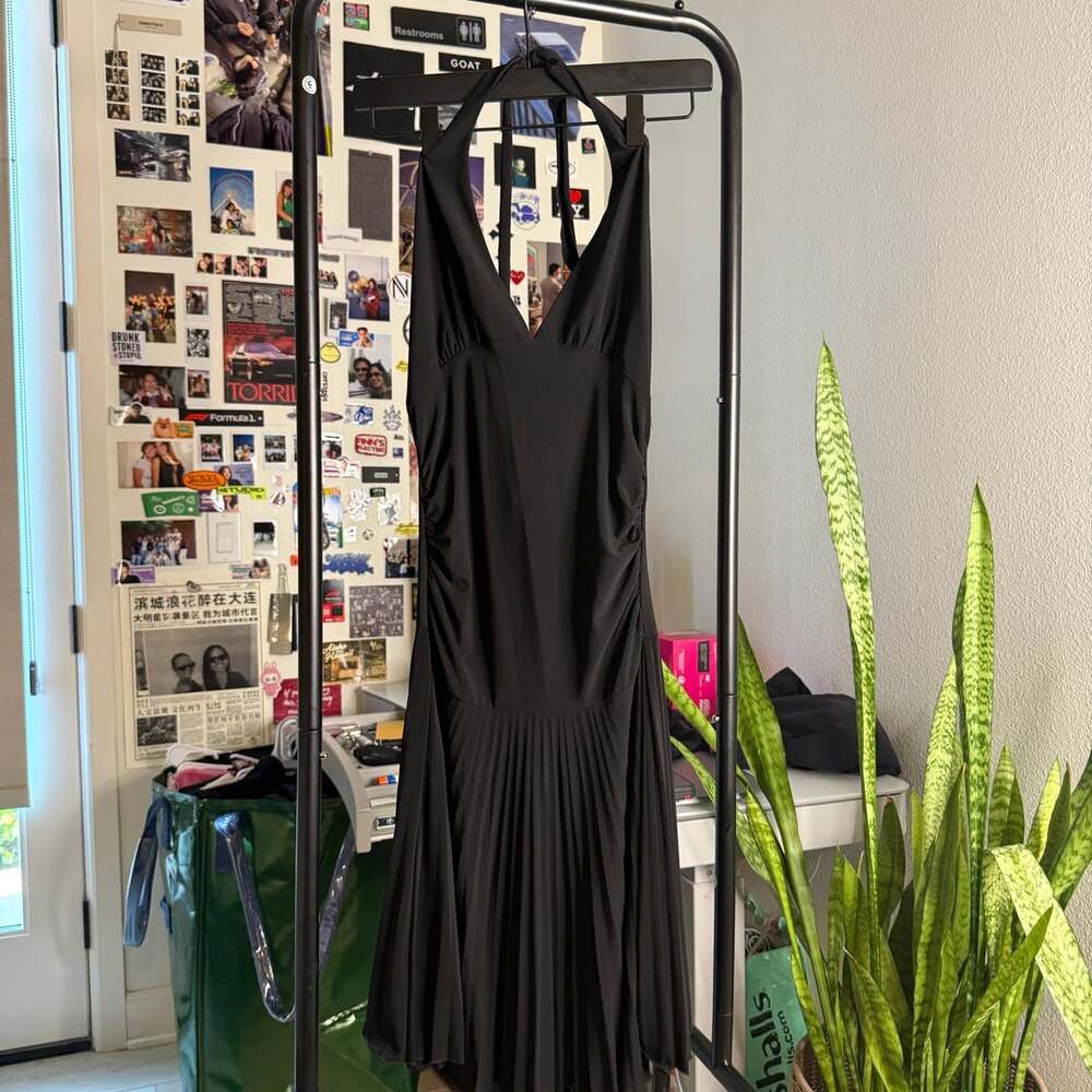 Vintage Black Halter Dress Pleated Maxi V-Neck S